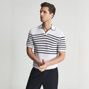 Reiss Admiral Stripe Pointelle Polo Shirt in white and black size XL